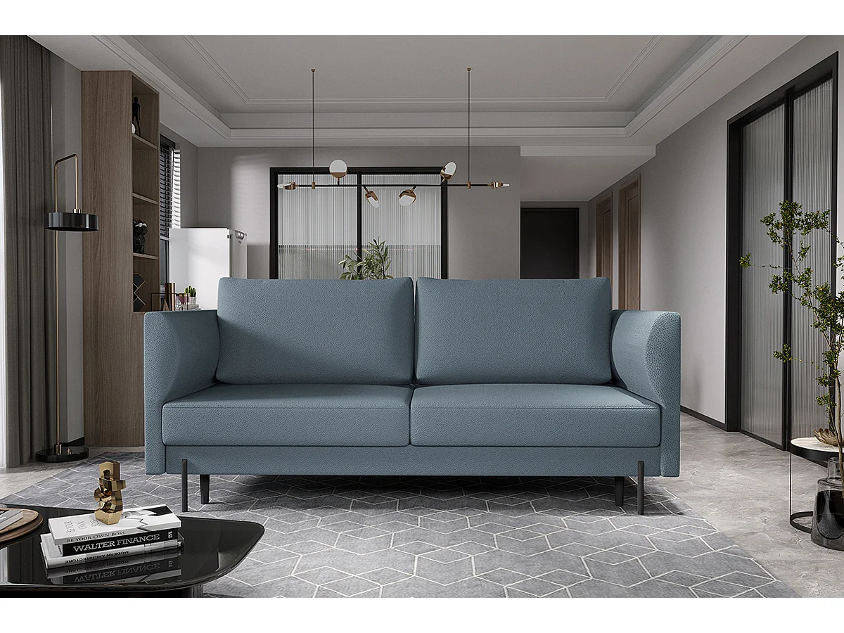 Canapé convertible en tissu ROBBY – Rangement et pieds métal noir-Bleu charrette