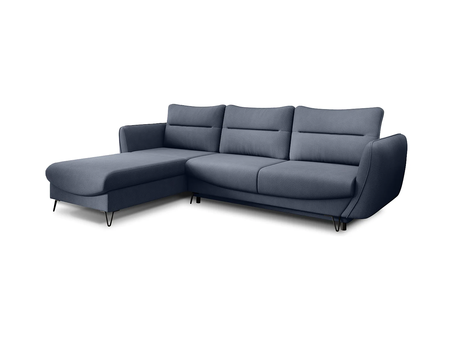 Canapé d'angle convertible tissu ZURIK - Coffre de rangement et pieds métal noir-Bleu turquin-angle gauche