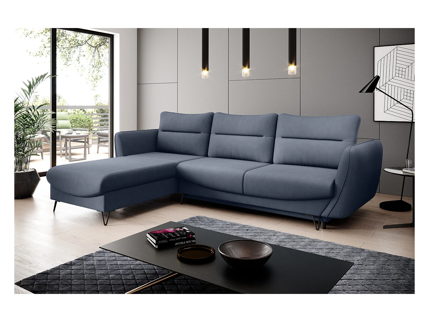 Canapé d'angle convertible tissu ZURIK - Coffre de rangement et pieds métal noir-Bleu turquin-angle gauche