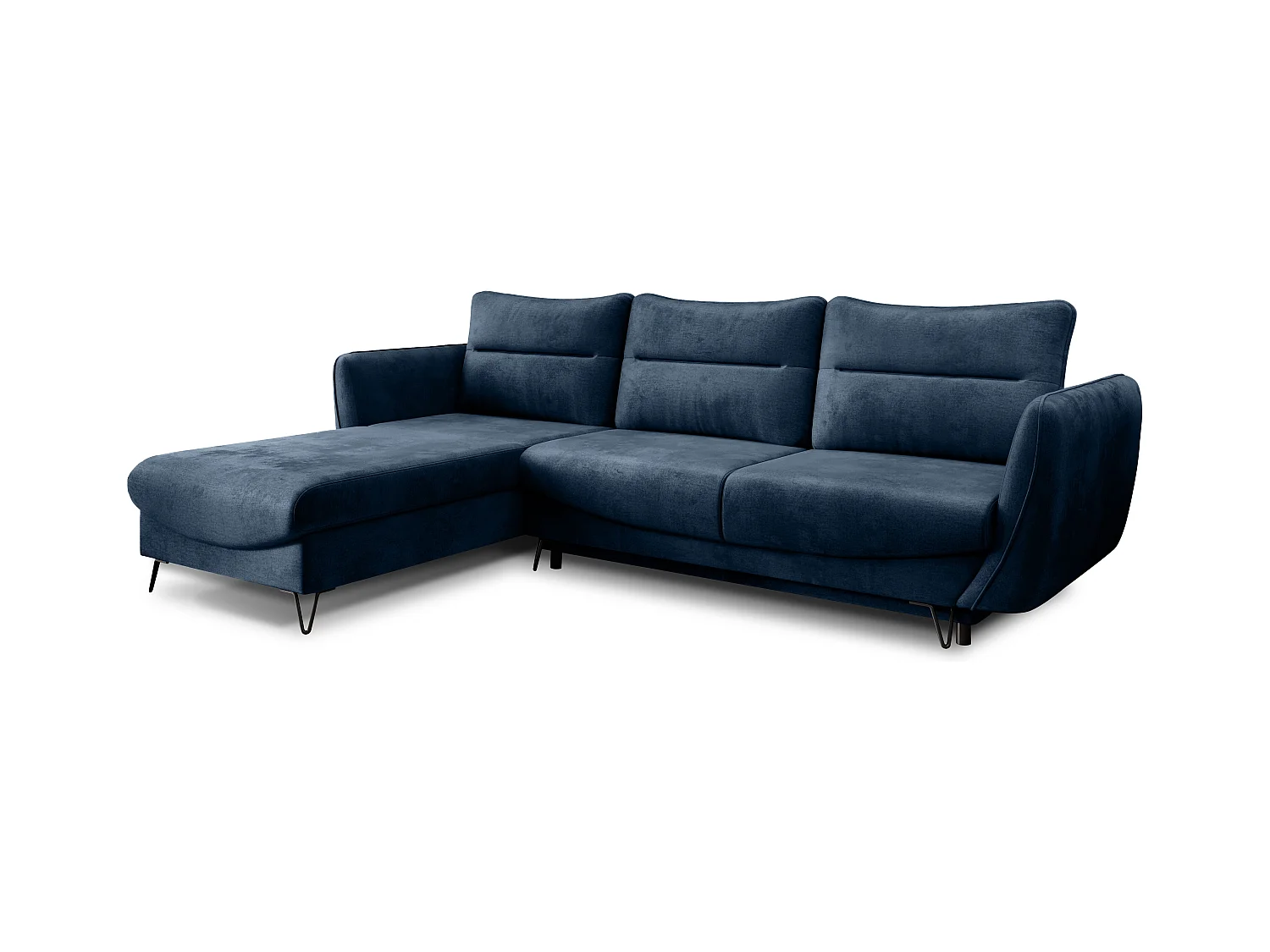 Canapé d'angle convertible tissu ZURIK - Coffre de rangement et pieds métal noir-Bleu turquin-angle gauche