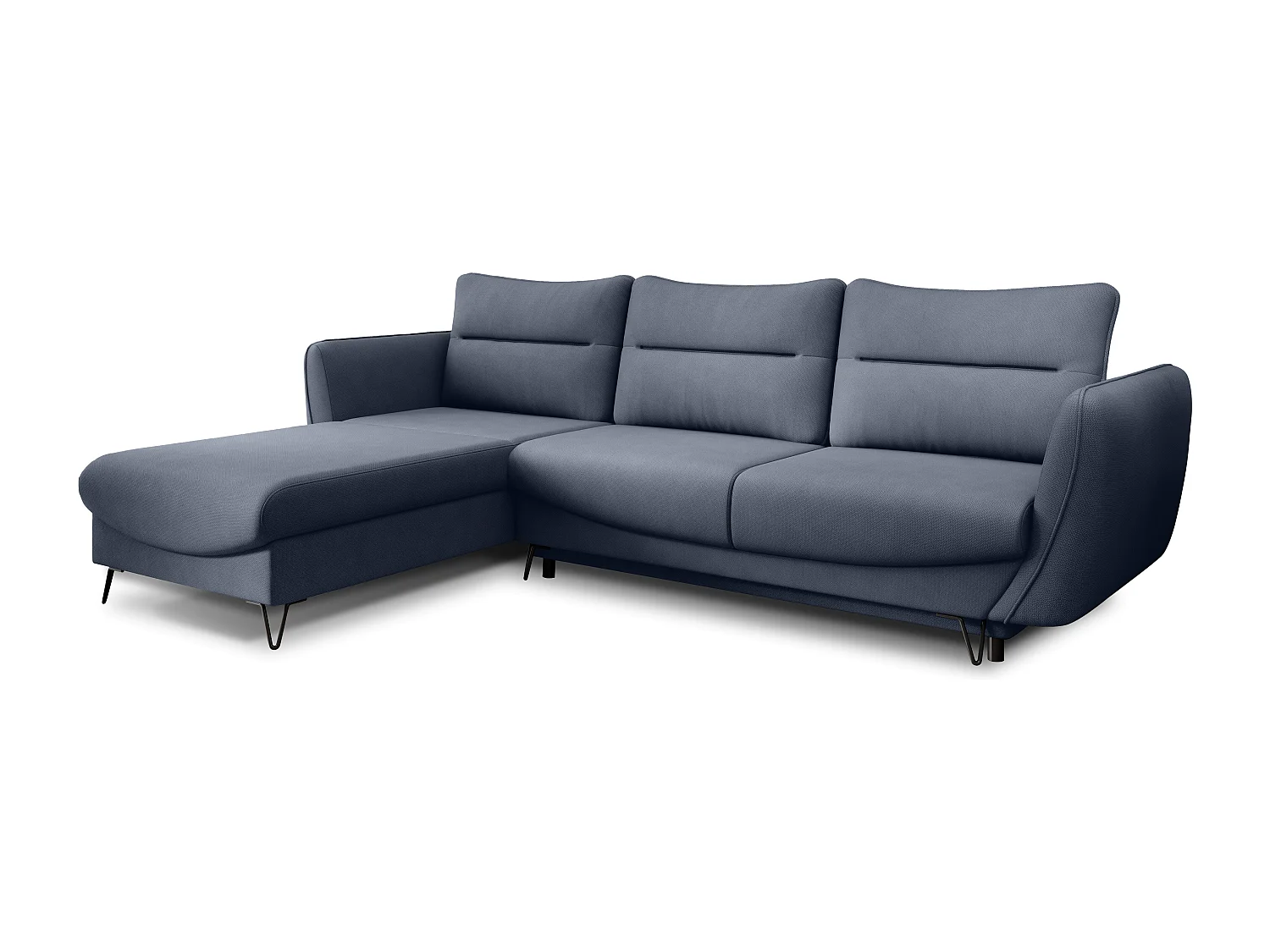 ZURIK stoffen omvormbare hoekbank - Opbergbox en zwarte metalen poten-Kleur Turquoise blauw-linkerhoek