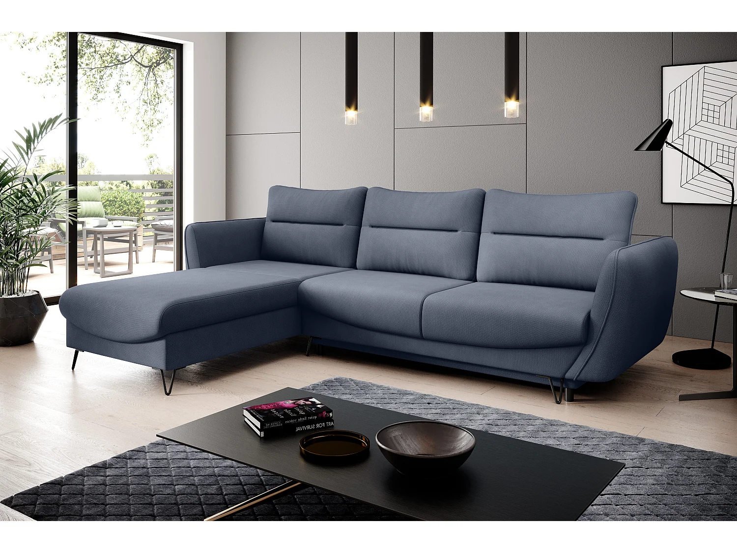 ZURIK stoffen omvormbare hoekbank - Opbergbox en zwarte metalen poten-Kleur Turquoise blauw-linkerhoek