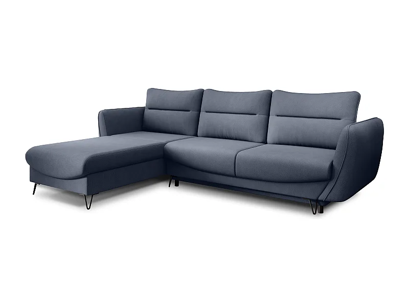 Canapé d'angle convertible tissu ZURIK - Coffre de rangement et pieds métal noir-Bleu turquin-angle gauche