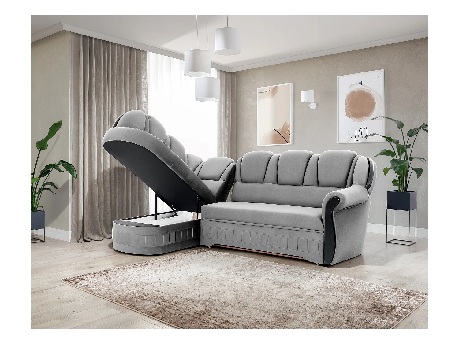 Canapé d'angle convertible avec rangement en velours Majesté-Gris clair-angle gauche