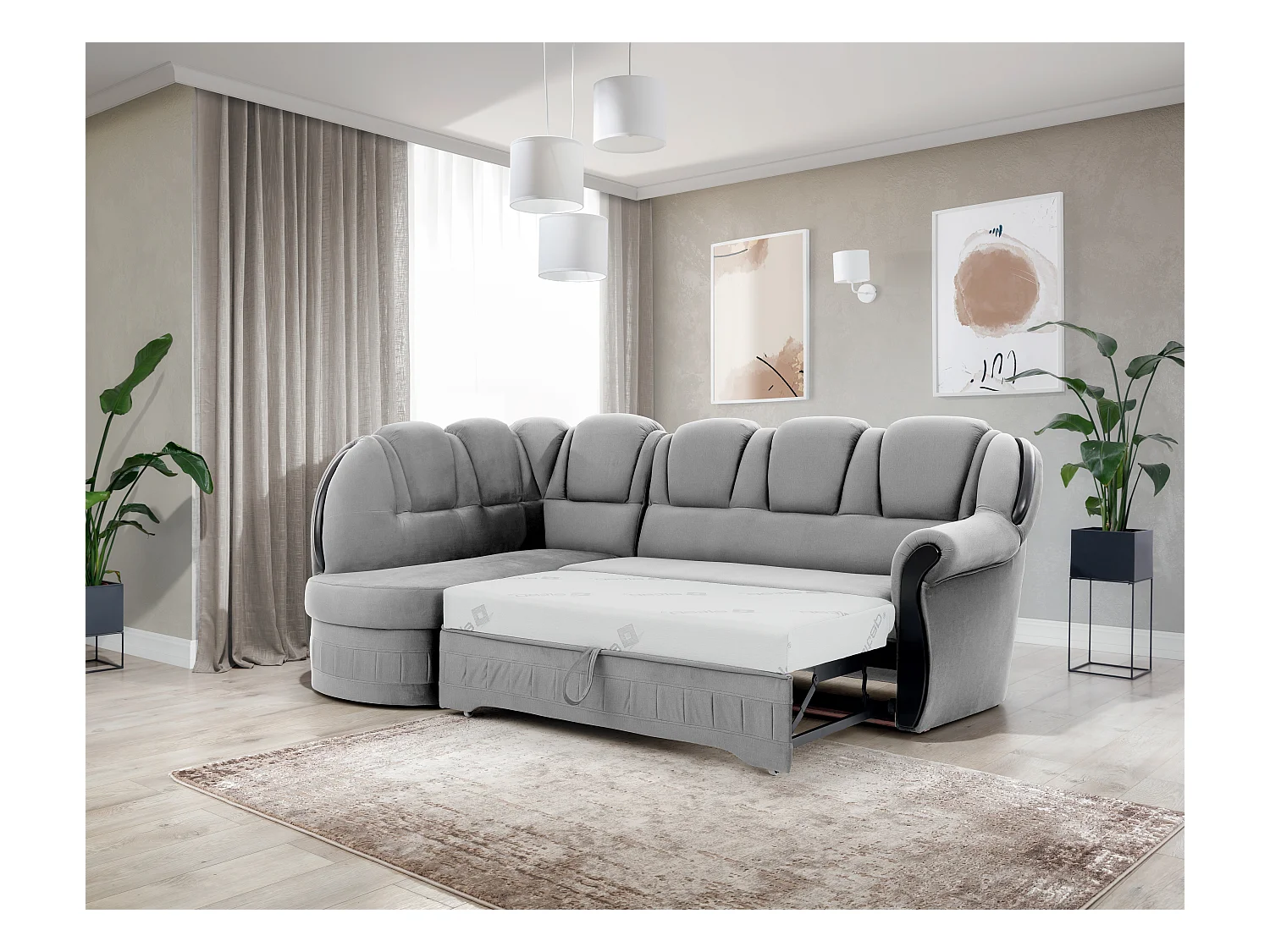 Canapé d'angle convertible avec rangement en velours Majesté-Gris clair-angle gauche