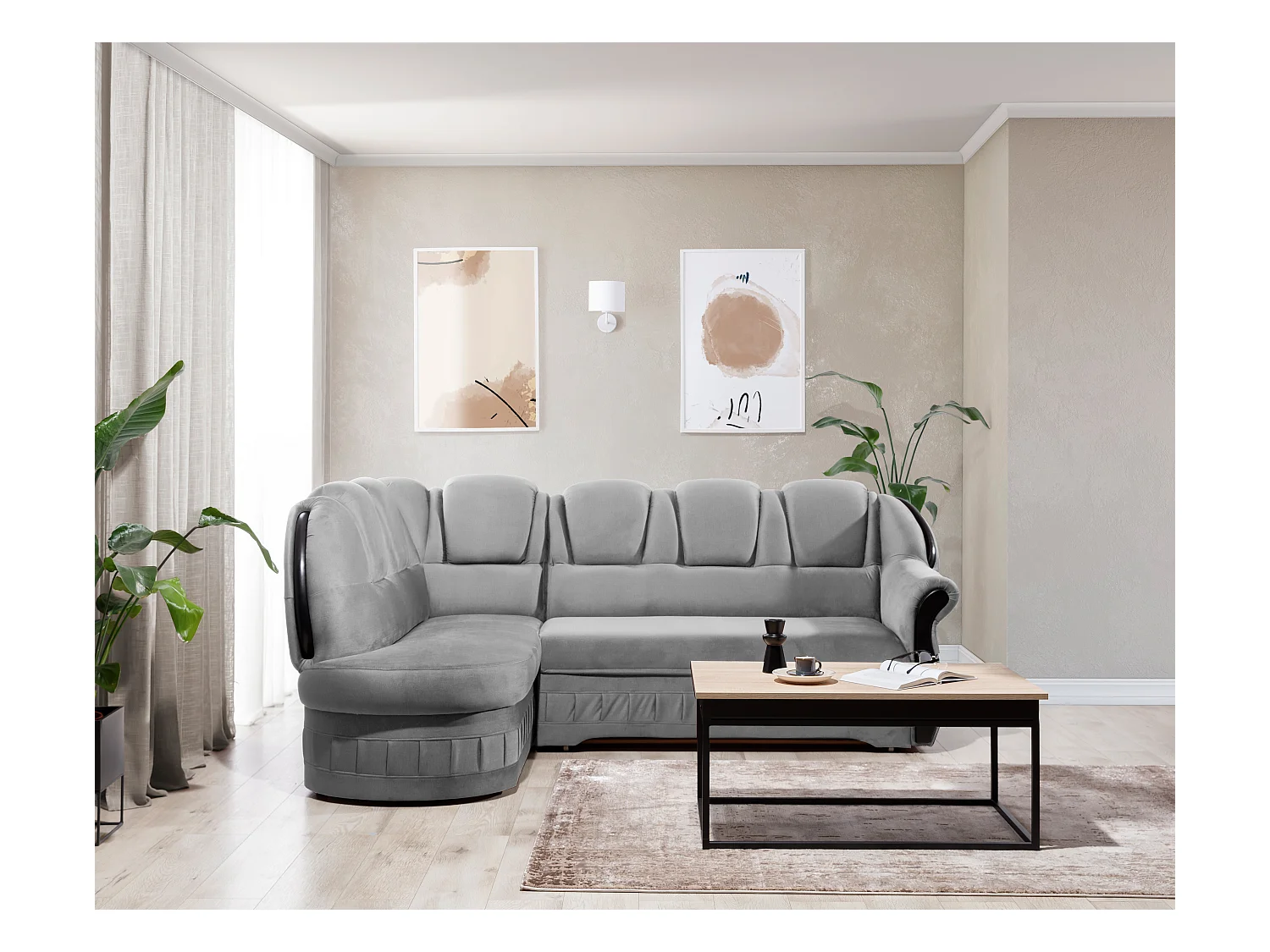 Canapé d'angle convertible avec rangement en velours Majesté-Gris clair-angle gauche