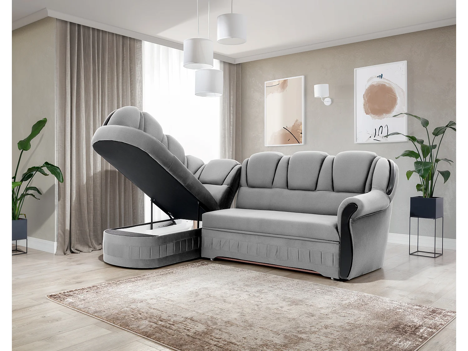 Canapé d'angle convertible avec rangement en velours Majesté-Gris clair-angle gauche