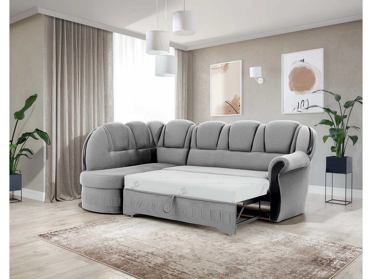 Canapé d'angle convertible avec rangement en velours Majesté-Gris clair-angle gauche