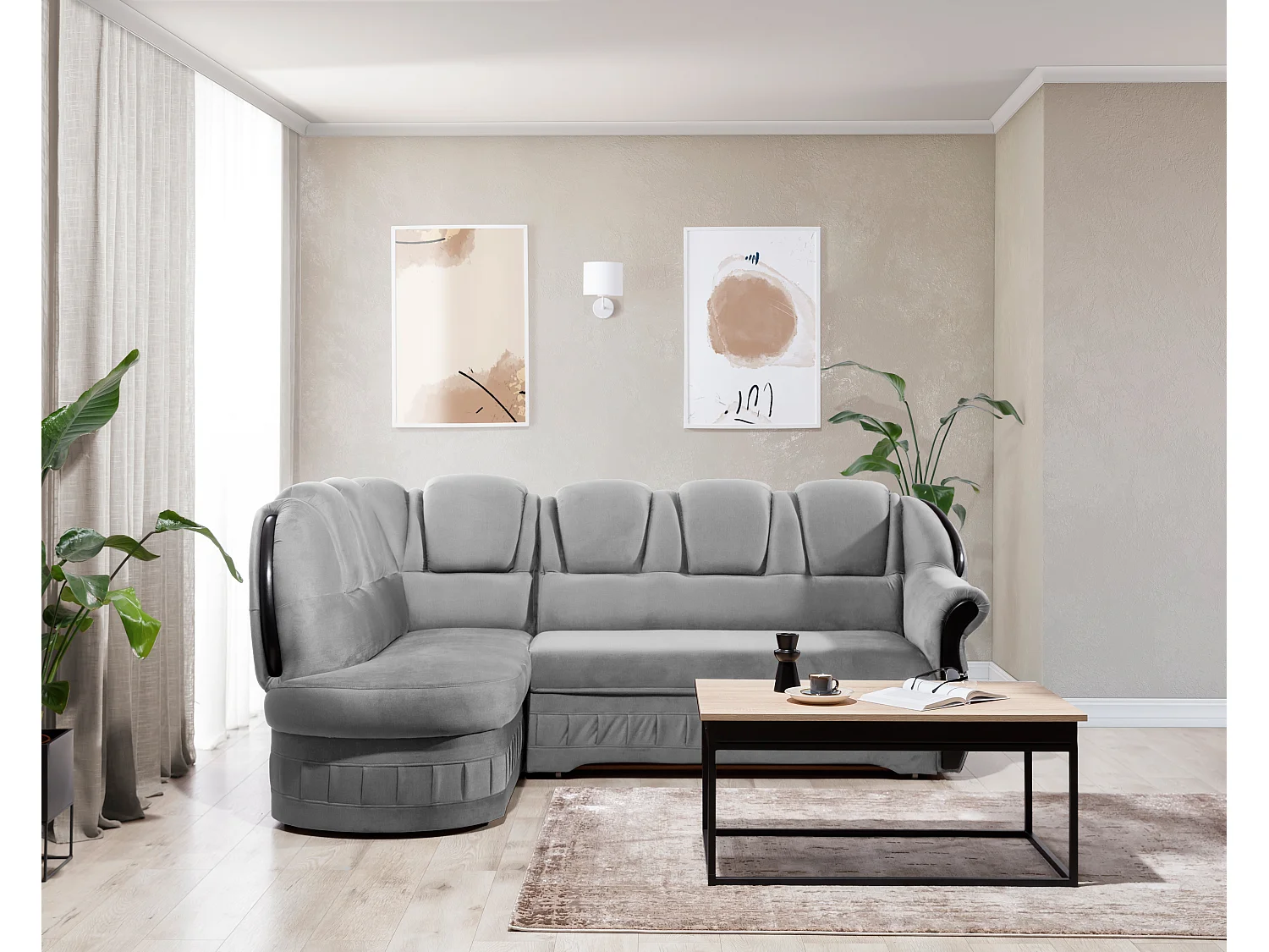 Canapé d'angle convertible avec rangement en velours Majesté-Gris clair-angle gauche