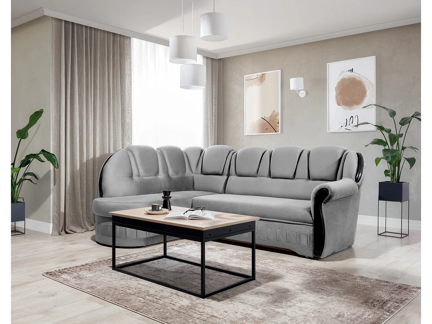 Canapé d'angle convertible avec rangement en velours Majesté-Gris clair-angle gauche