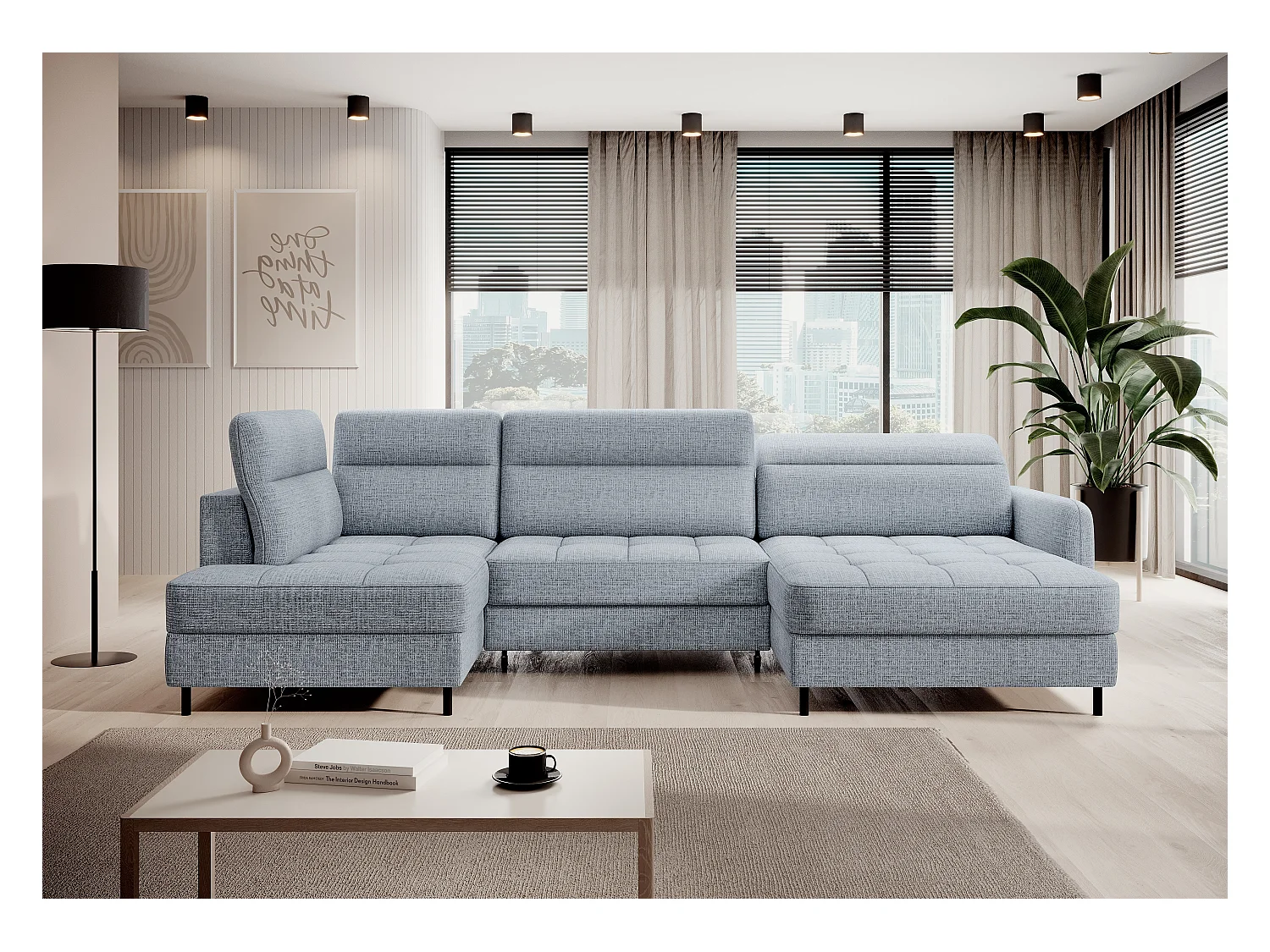 Canapé panoramique convertible BENTO en tissu avec coffre de rangement-Bleu ardoise-angle droit