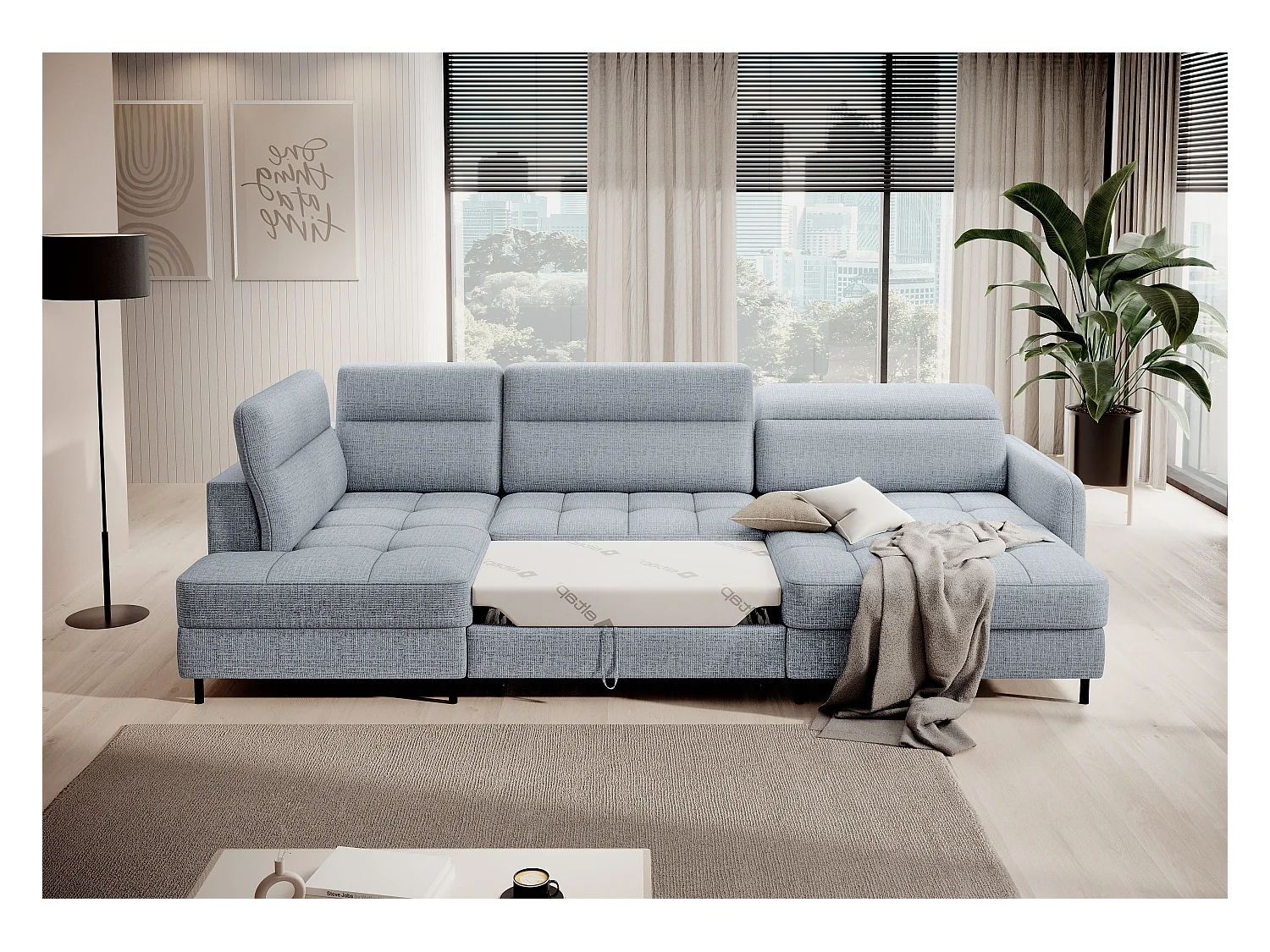 Canapé panoramique convertible BENTO en tissu avec coffre de rangement-Bleu ardoise-angle droit