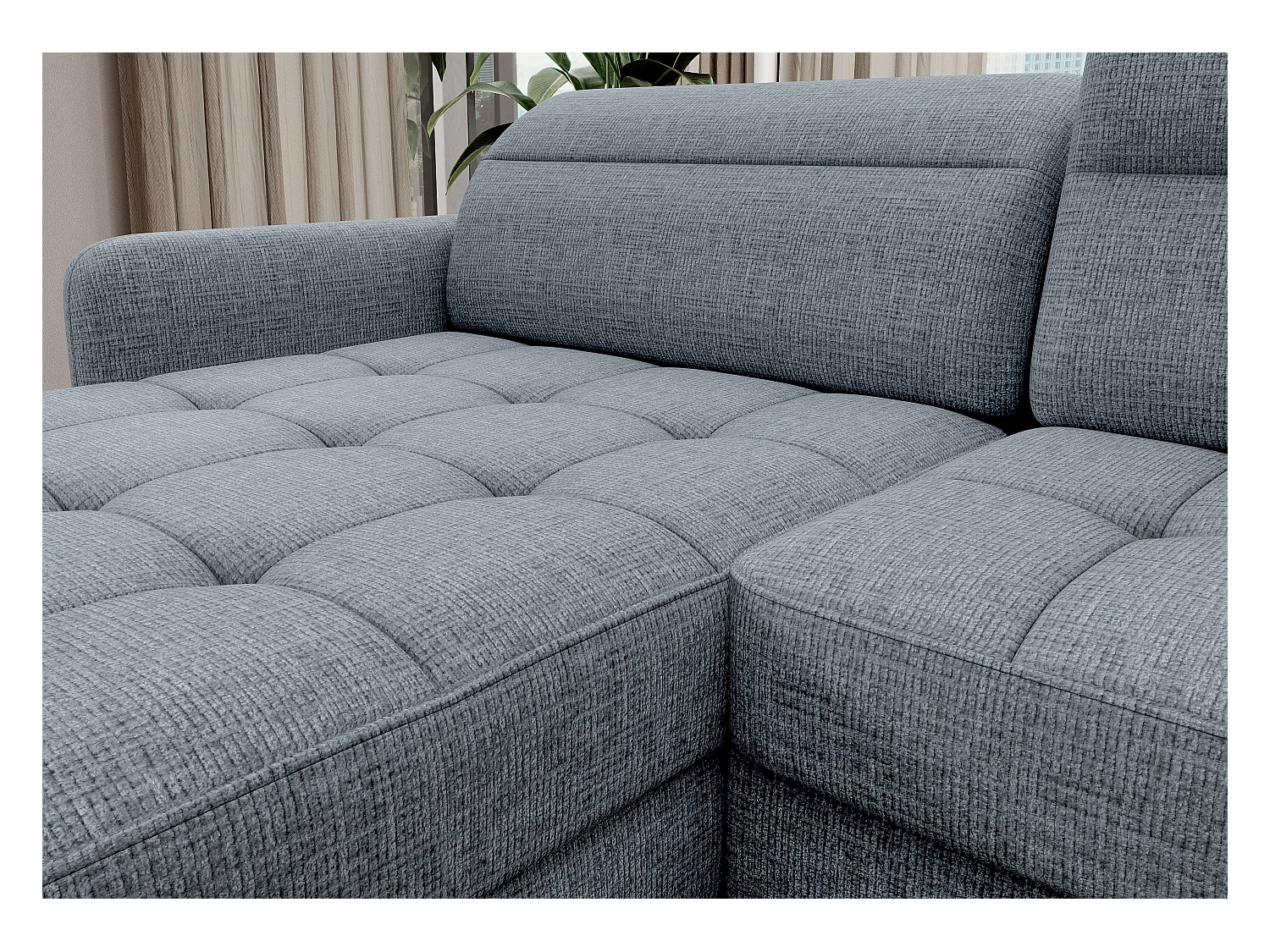 Canapé panoramique convertible BENTO en tissu avec coffre de rangement-Bleu ardoise-angle droit