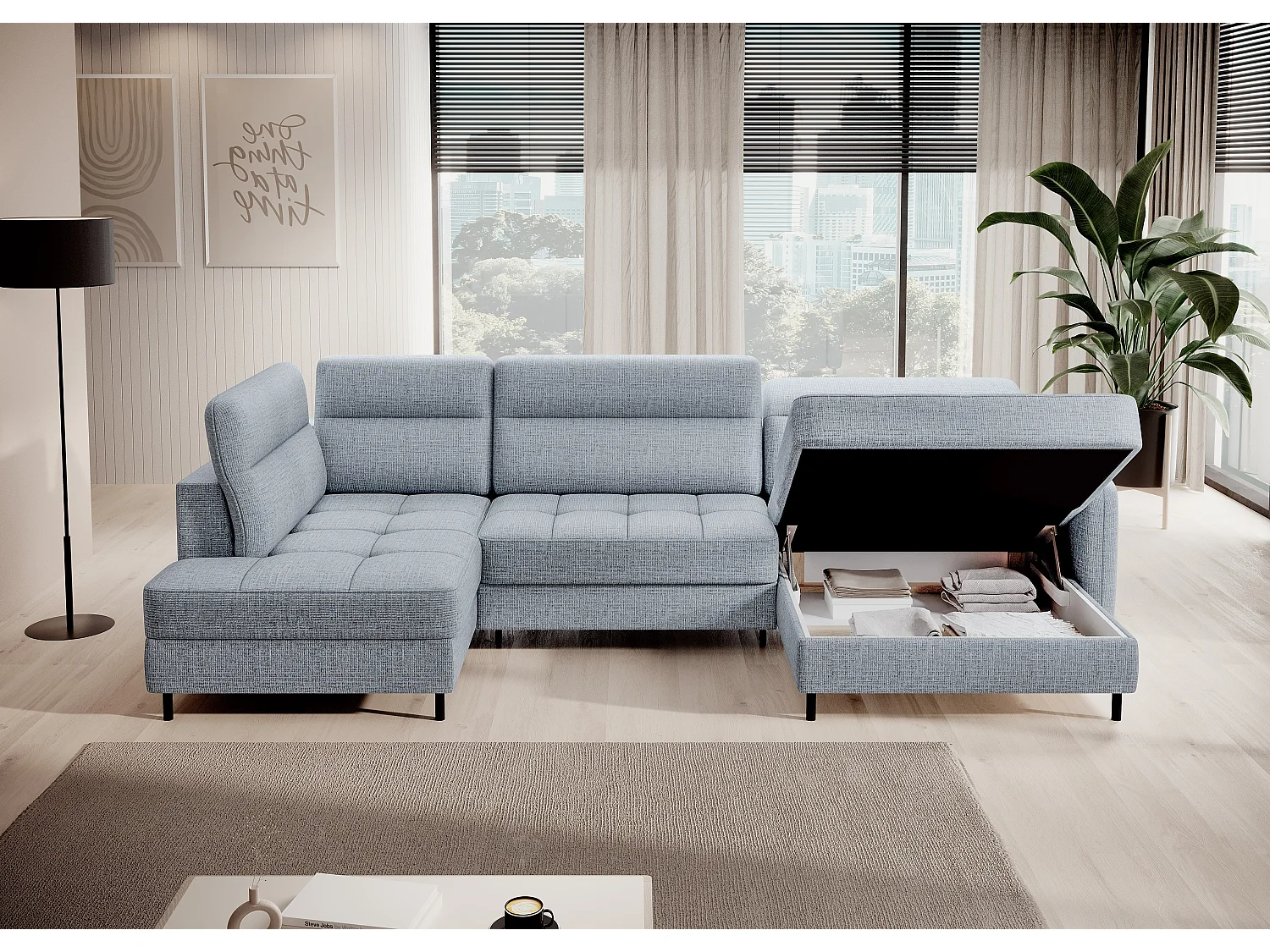 Canapé panoramique convertible BENTO en tissu avec coffre de rangement-Bleu ardoise-angle droit