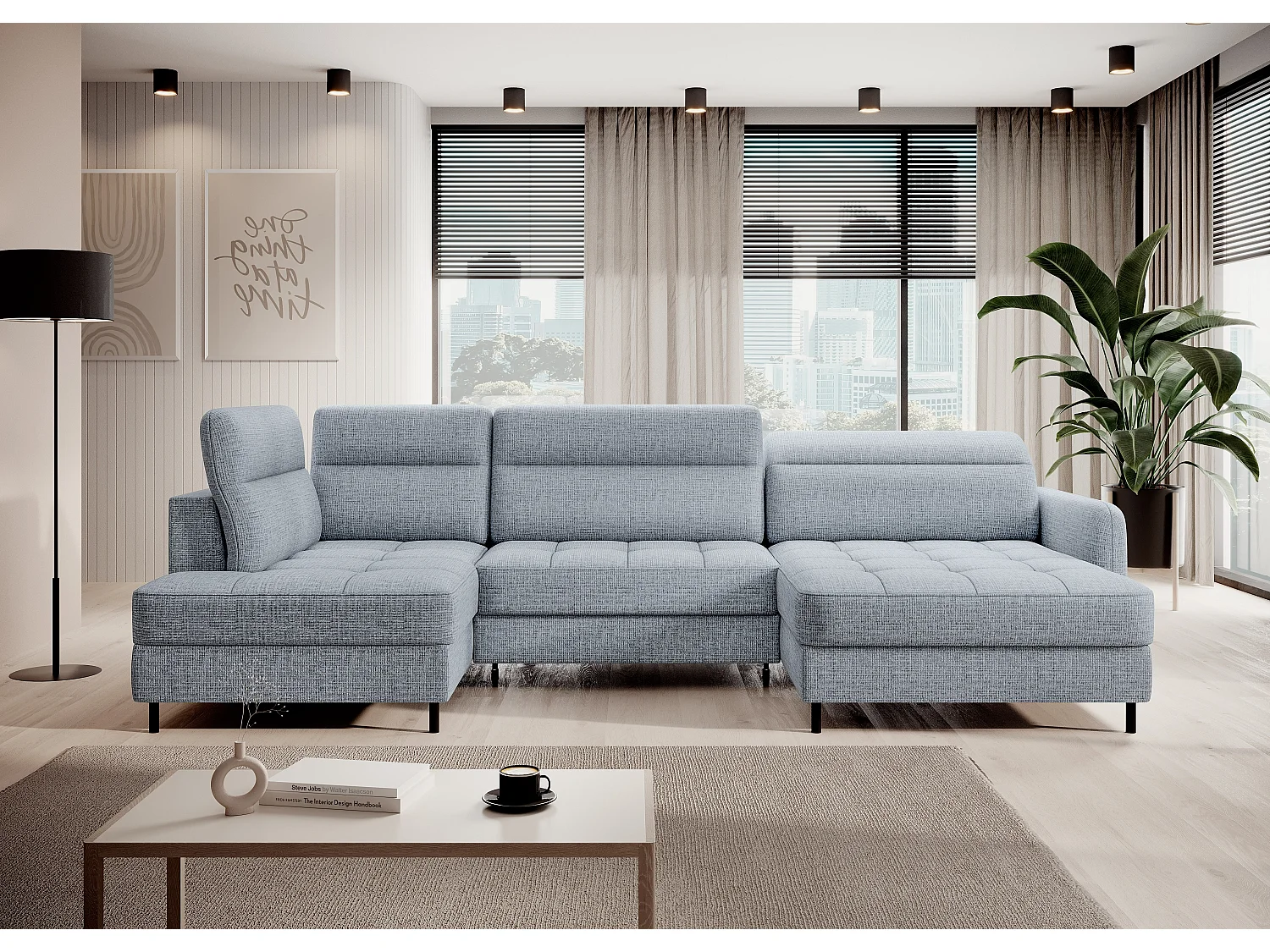 Canapé panoramique convertible BENTO en tissu avec coffre de rangement-Bleu ardoise-angle droit