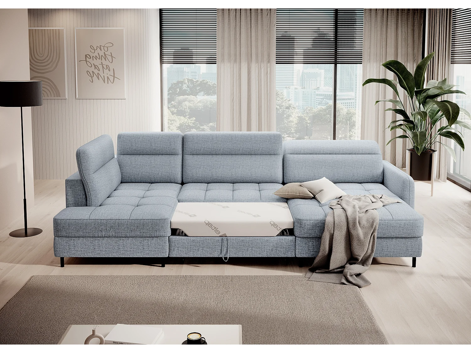 Canapé panoramique convertible BENTO en tissu avec coffre de rangement-Bleu ardoise-angle droit