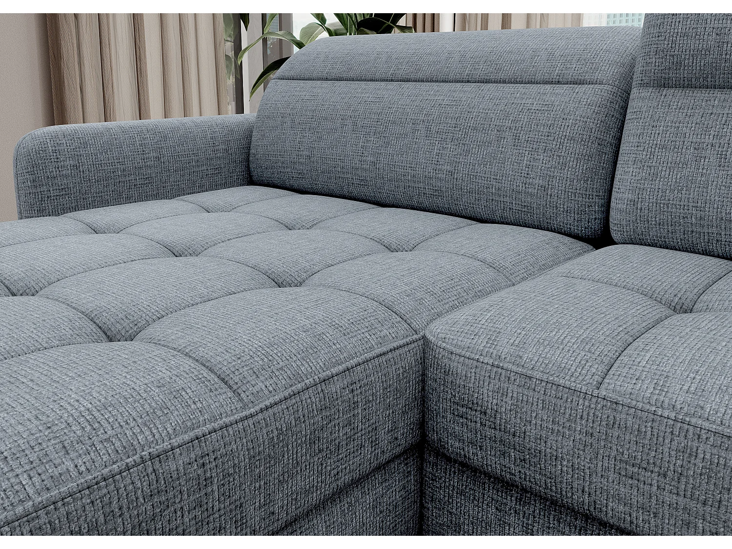 Canapé panoramique convertible BENTO en tissu avec coffre de rangement-Bleu ardoise-angle droit