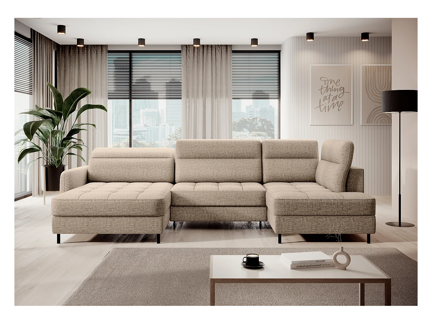 Canapé panoramique convertible BENTO en tissu avec coffre de rangement-Beige clair-angle gauche