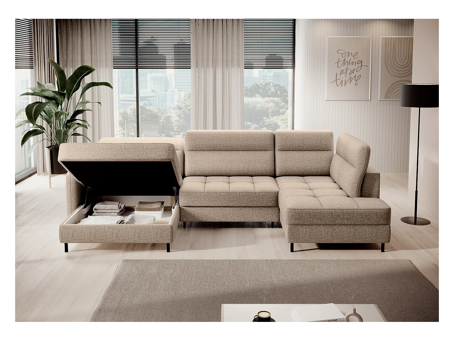 Canapé panoramique convertible BENTO en tissu avec coffre de rangement-Beige clair-angle gauche