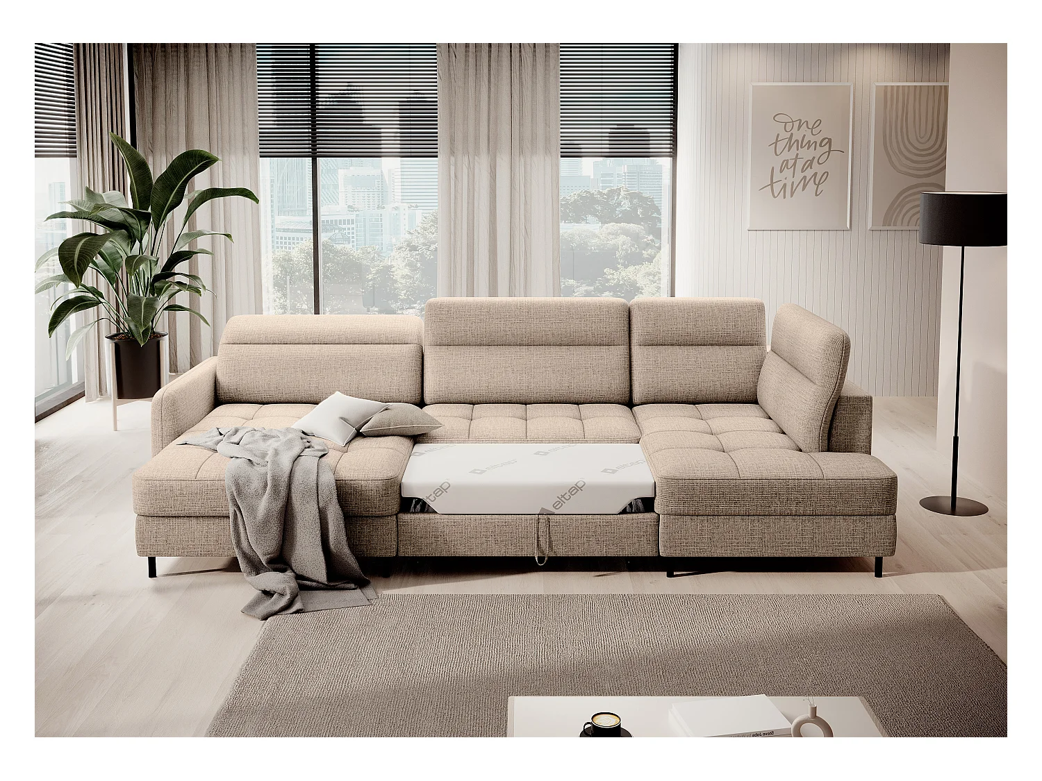 Canapé panoramique convertible BENTO en tissu avec coffre de rangement-Beige clair-angle gauche