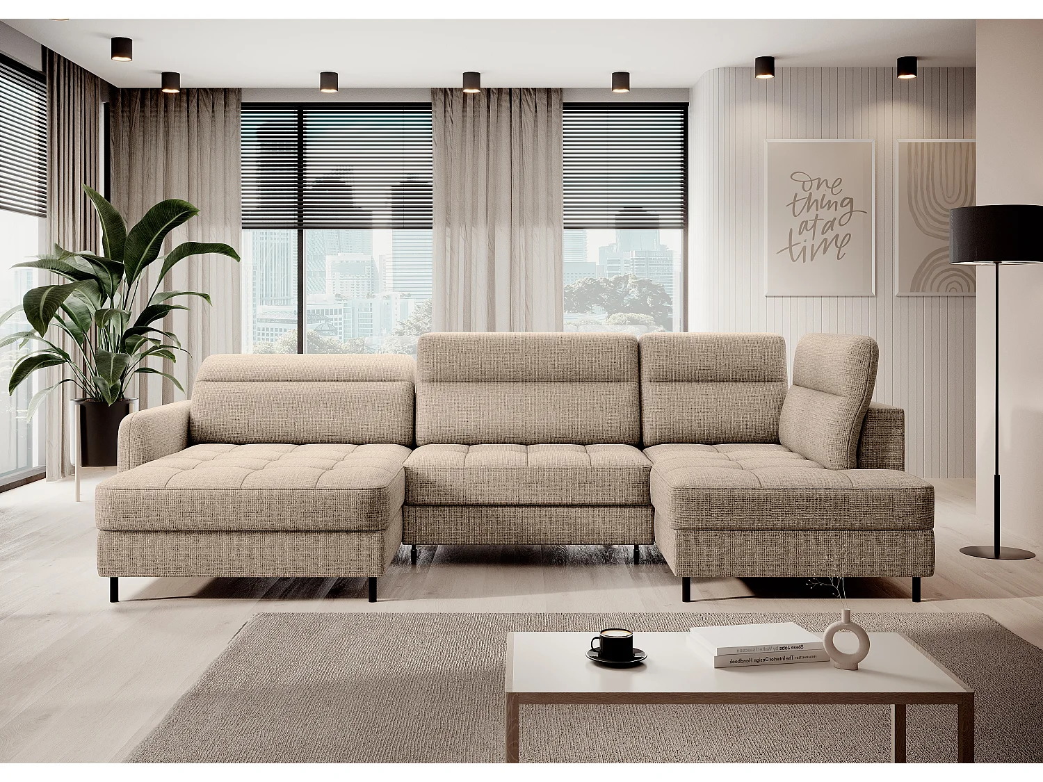 Canapé panoramique convertible BENTO en tissu avec coffre de rangement-Beige clair-angle gauche