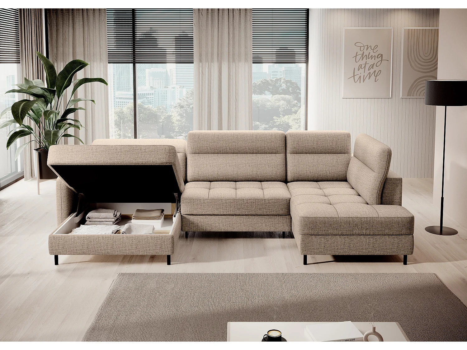 Canapé panoramique convertible BENTO en tissu avec coffre de rangement-Beige clair-angle gauche