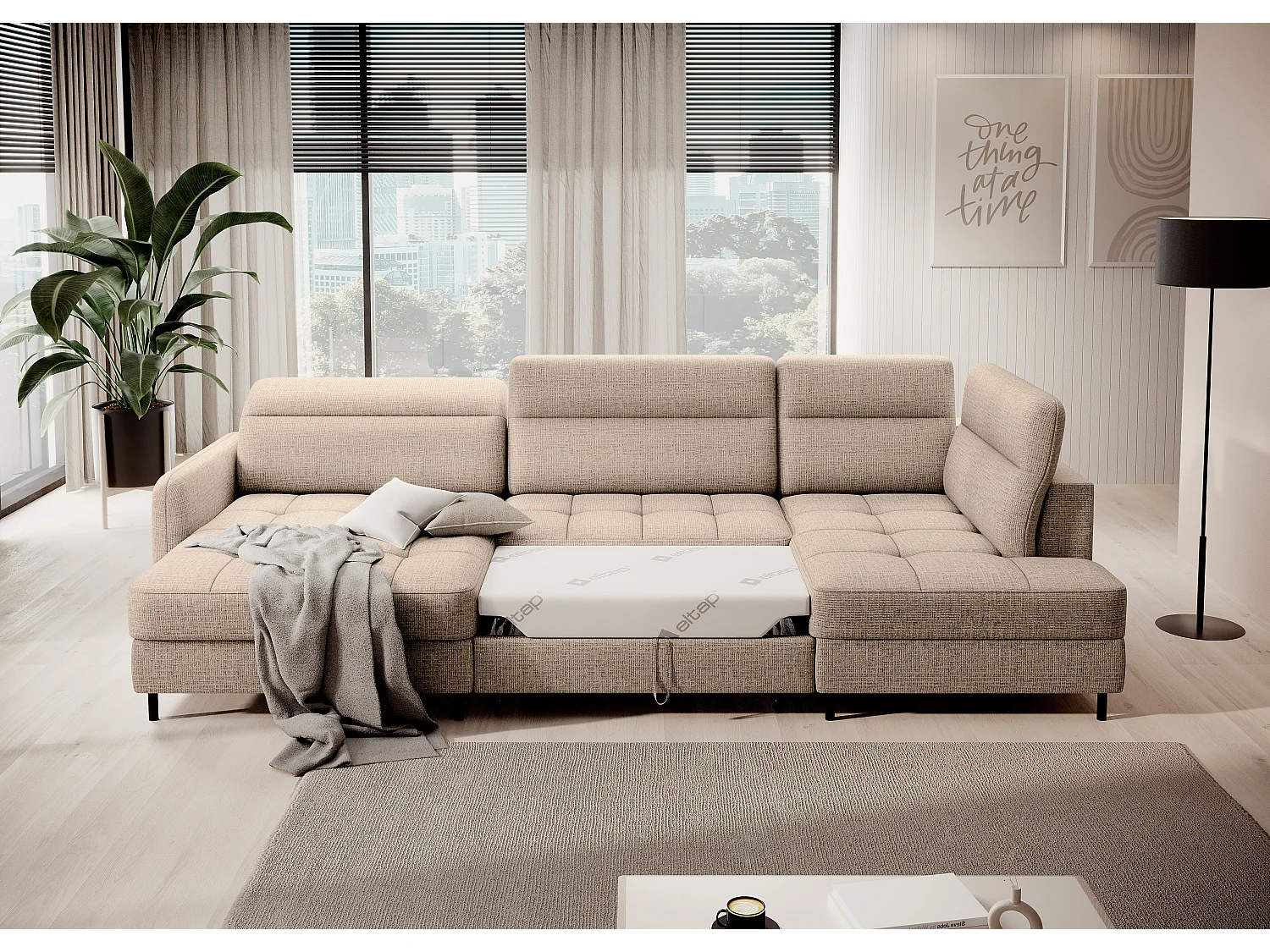 Canapé panoramique convertible BENTO en tissu avec coffre de rangement-Beige clair-angle gauche