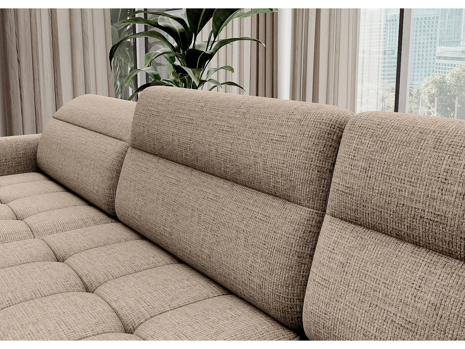 Canapé panoramique convertible BENTO en tissu avec coffre de rangement-Beige clair-angle gauche