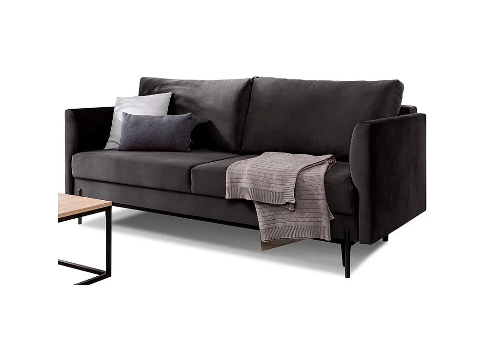 Canapé convertible en velours ROBBY – Rangement et pieds métal noir-Gris anthracite