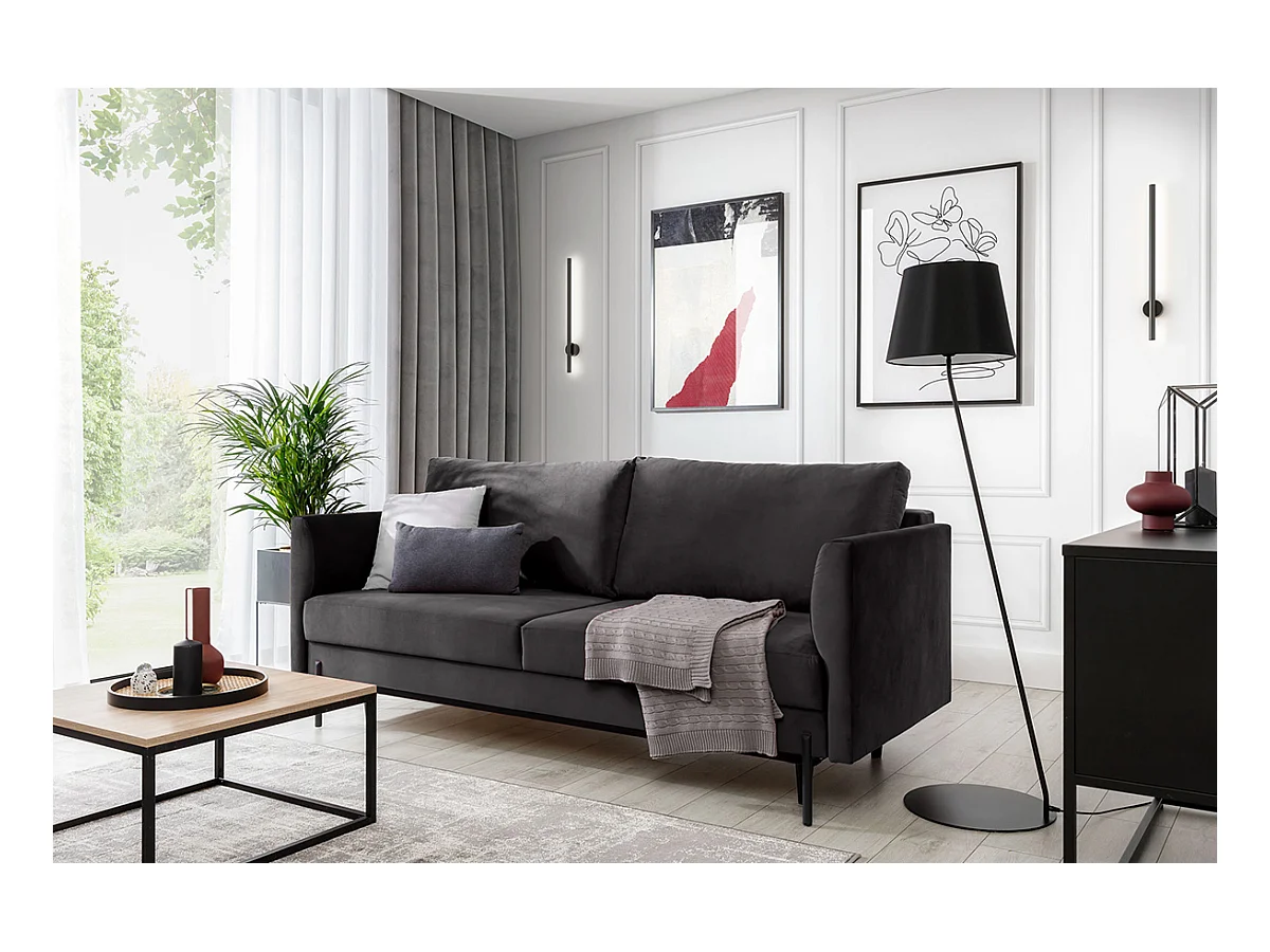 Canapé convertible en velours ROBBY – Rangement et pieds métal noir-Gris anthracite