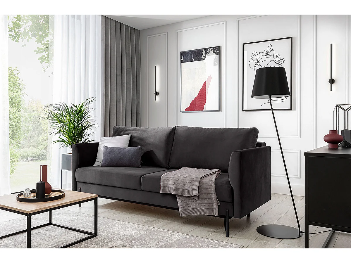 Canapé convertible en velours ROBBY – Rangement et pieds métal noir-Gris anthracite