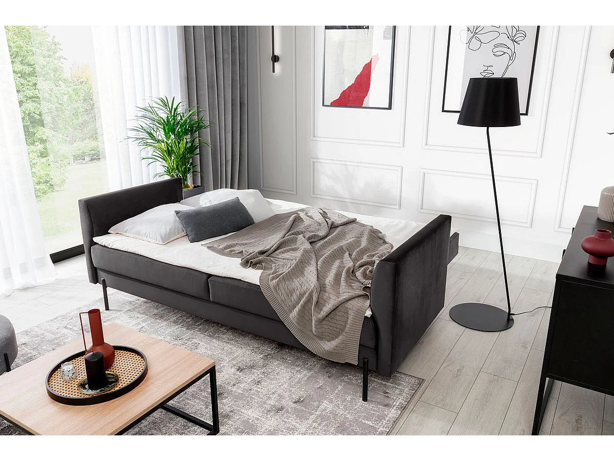 Canapé convertible en velours ROBBY – Rangement et pieds métal noir-Gris anthracite