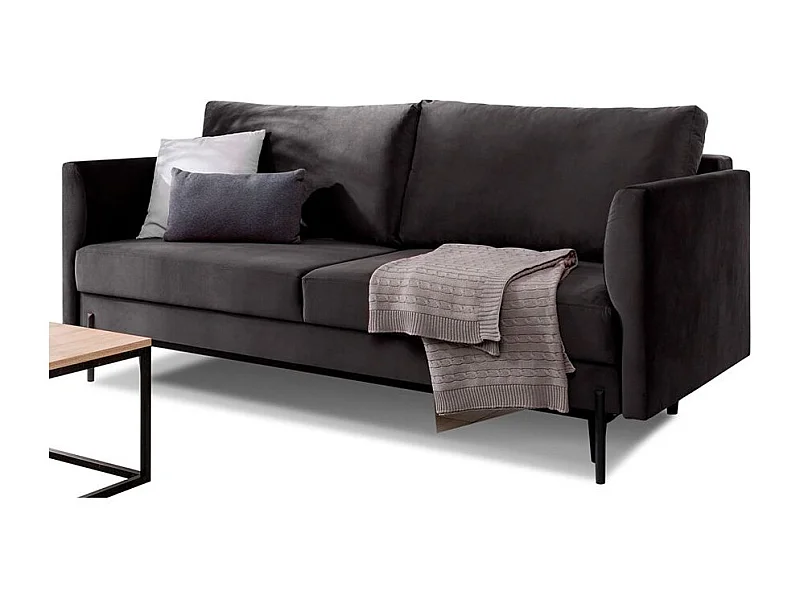 Canapé convertible en velours ROBBY – Rangement et pieds métal noir-Gris anthracite