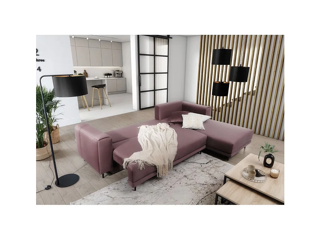 Canapé d'angle convertible velours DAVINA - Coffre et pieds métal noir-Vieux rose-angle droit