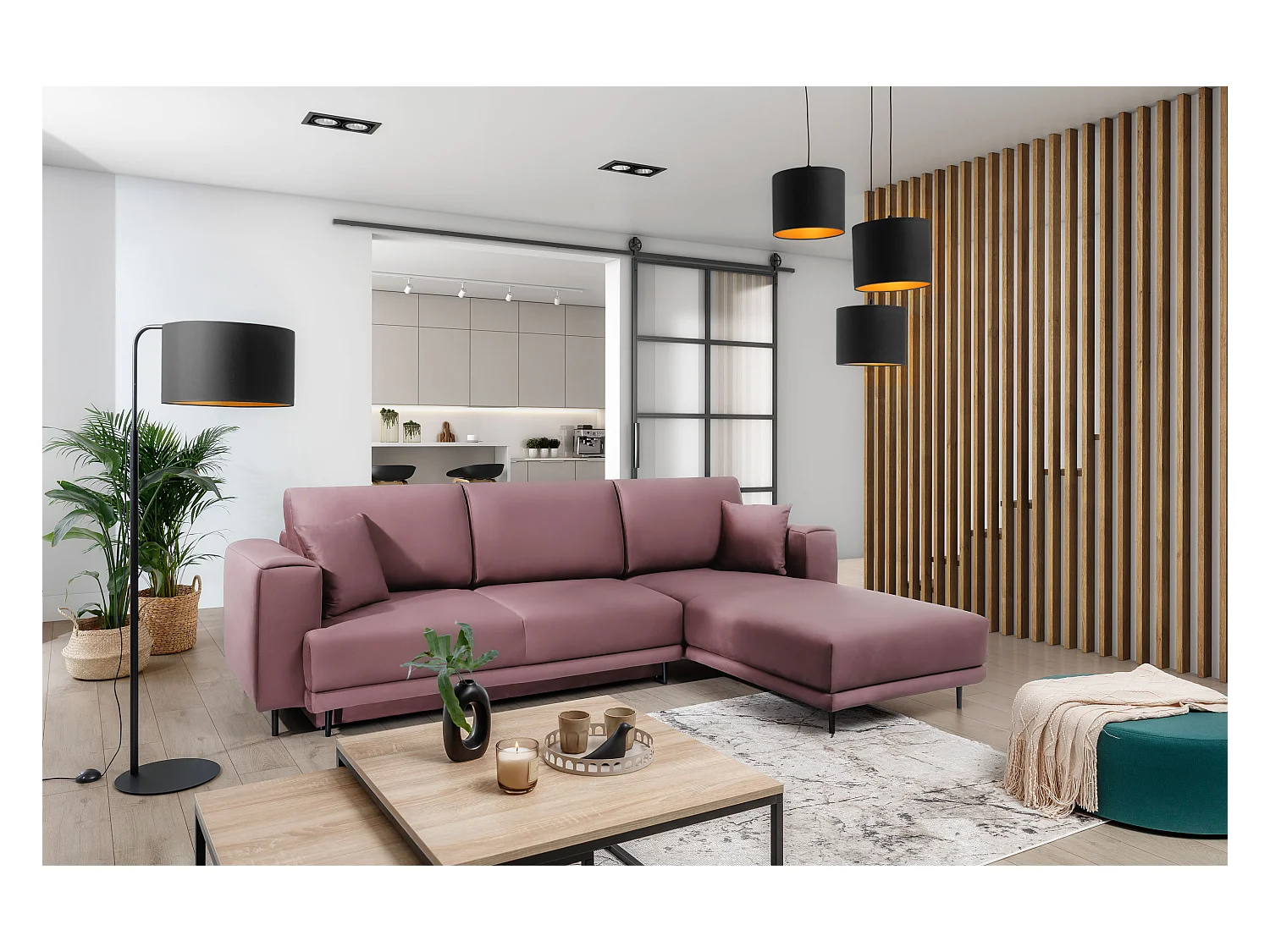 Canapé d'angle convertible velours DAVINA - Coffre et pieds métal noir-Vieux rose-angle droit