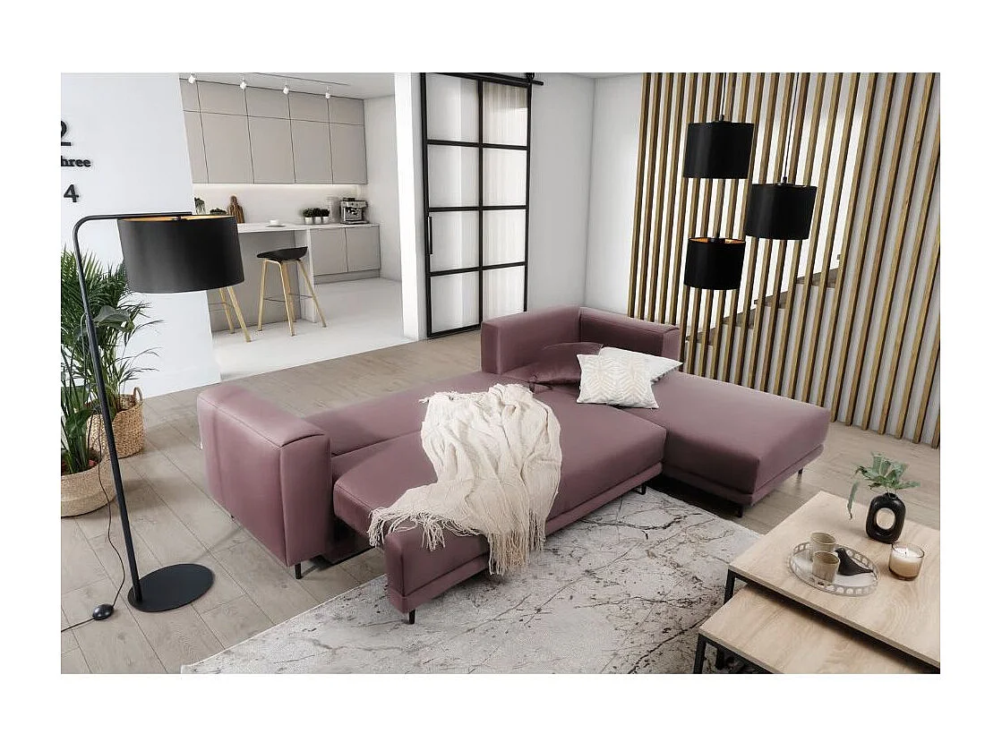 Canapé d'angle convertible velours DAVINA - Coffre et pieds métal noir-Vieux rose-angle droit