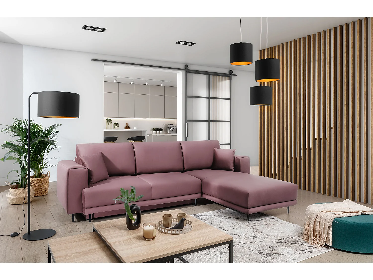 Canapé d'angle convertible velours DAVINA - Coffre et pieds métal noir-Vieux rose-angle droit