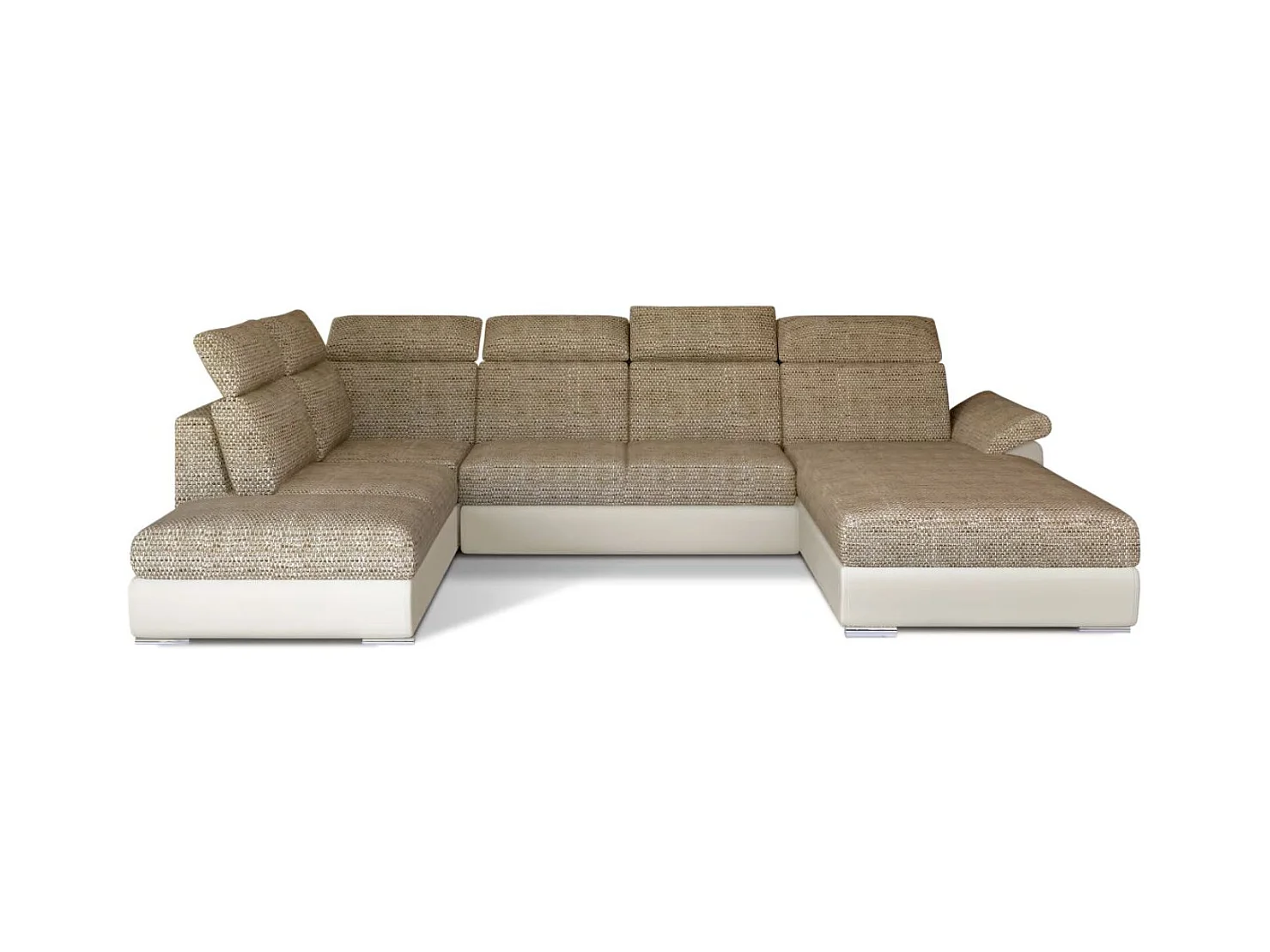 LEVANO Panoramische slaapbank in stof en kunstleer, hoofdsteunen-Kleur Lichtbeige/gemêleerd beige-Opslagruimte naar rechts