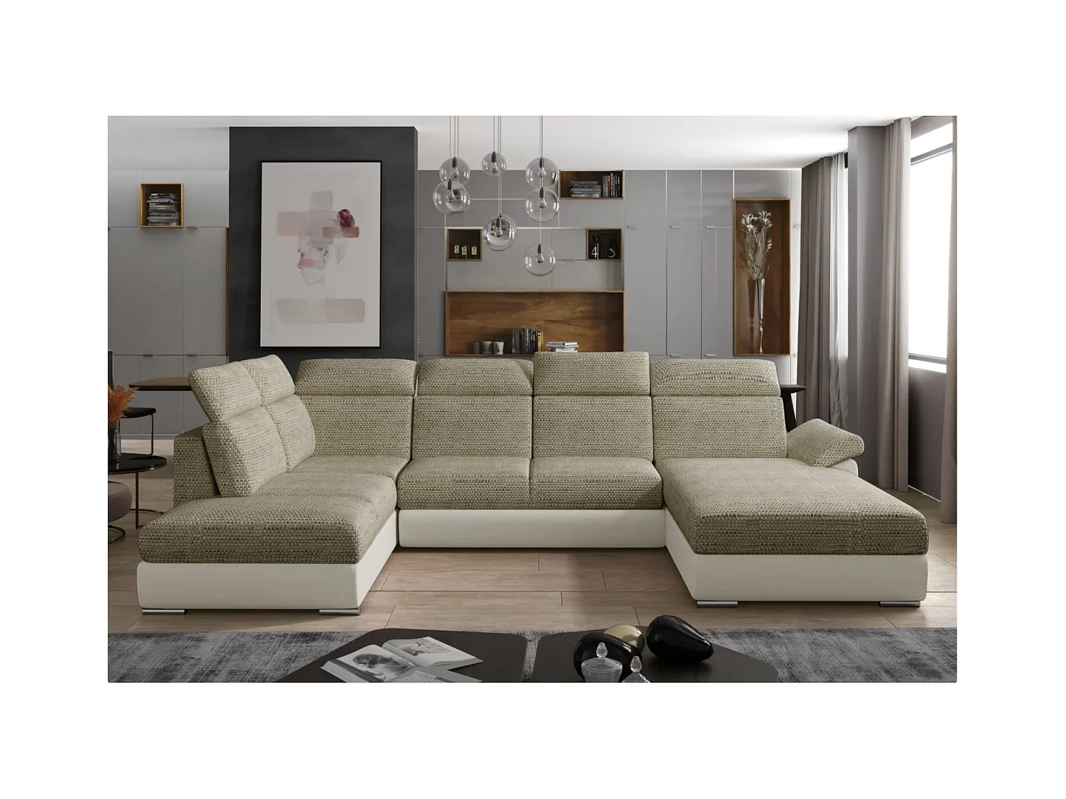 LEVANO Panoramische slaapbank in stof en kunstleer, hoofdsteunen-Kleur Lichtbeige/gemêleerd beige-Opslagruimte naar rechts