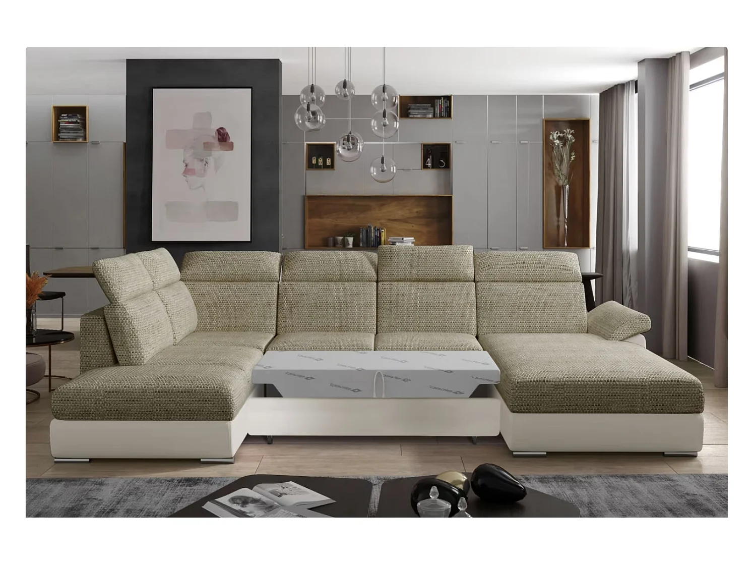 LEVANO Panoramische slaapbank in stof en kunstleer, hoofdsteunen-Kleur Lichtbeige/gemêleerd beige-Opslagruimte naar rechts