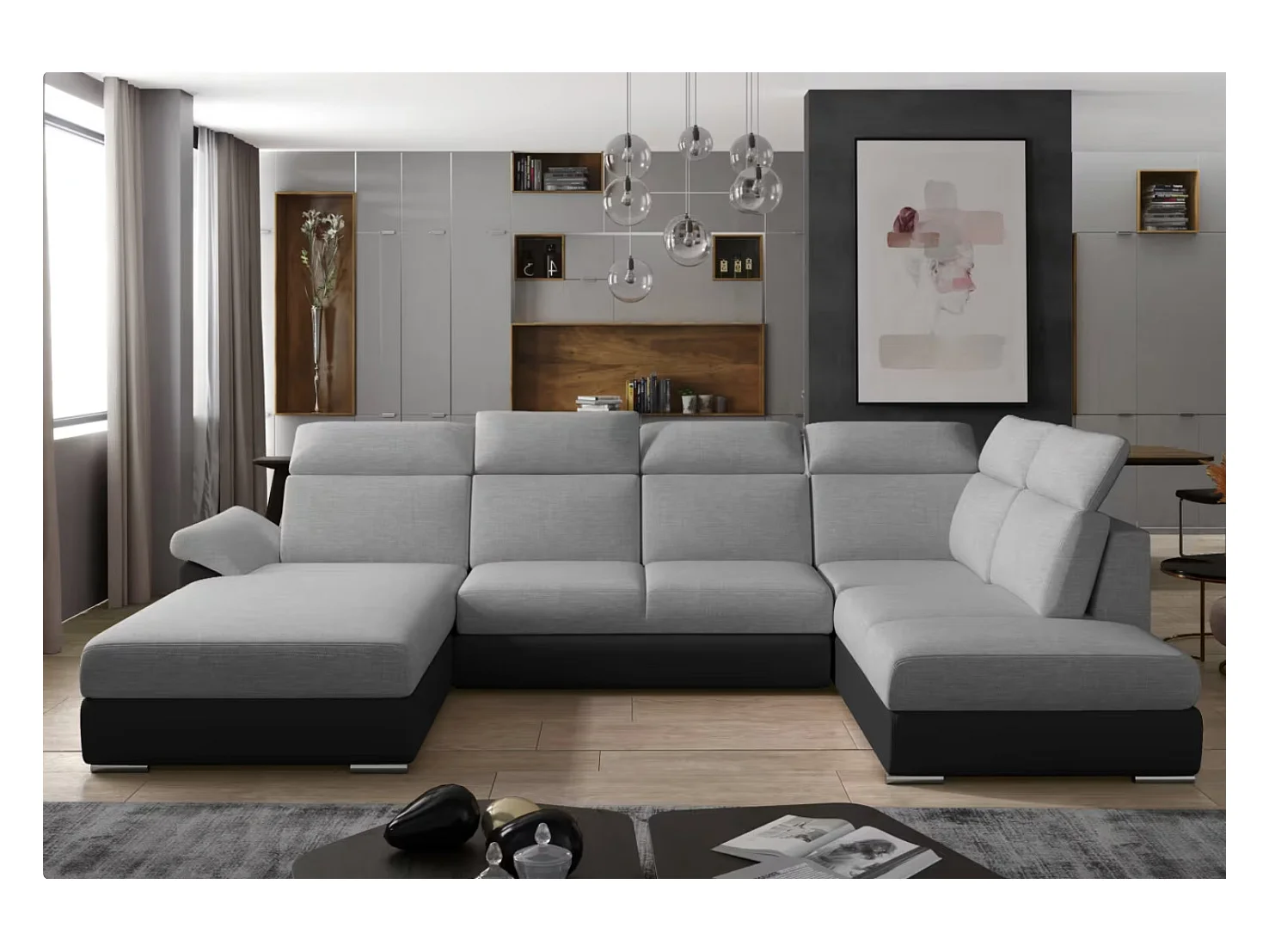 LEVANO Panoramische slaapbank in stof en kunstleer, hoofdsteunen-Kleur Lichtbeige/gemêleerd beige-Opslagruimte naar rechts