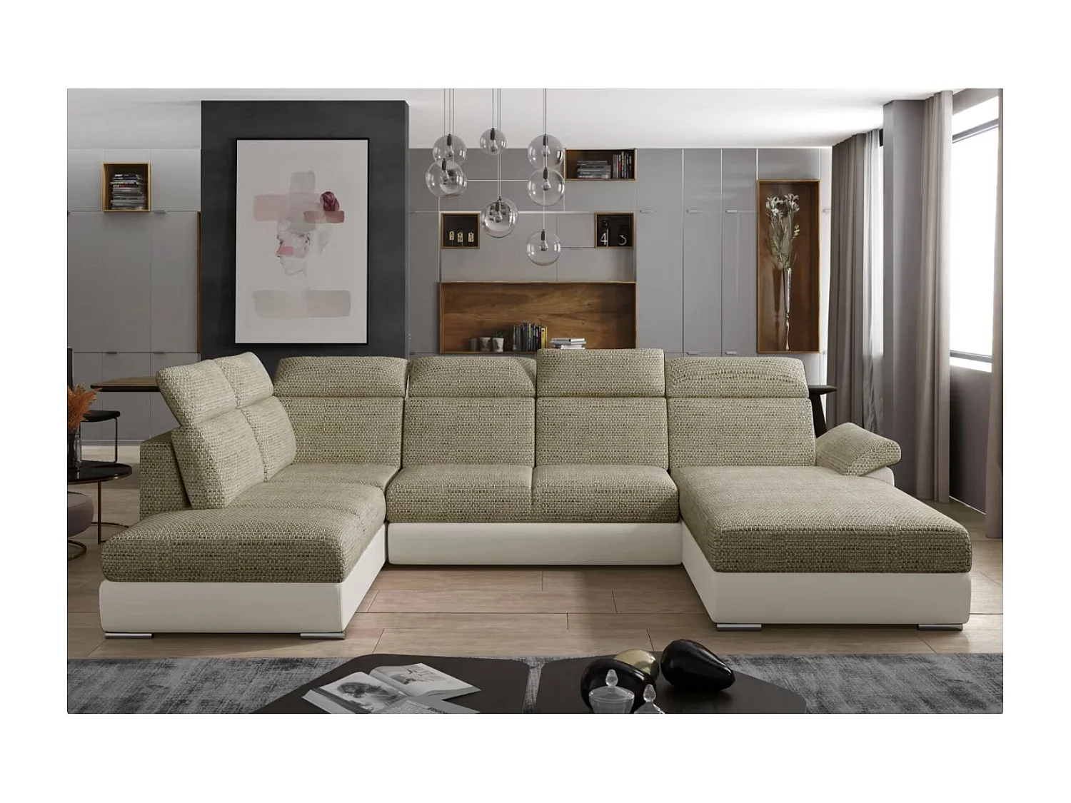 Canapé Convertible Panoramique LEVANO Tissu et Simili Cuir, Têtières-Beige clair/Beige chiné-Coffre à droite