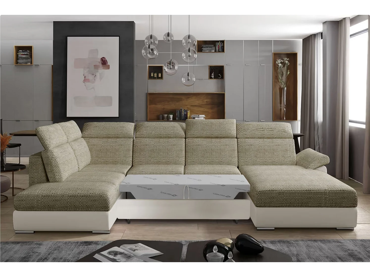 Canapé Convertible Panoramique LEVANO Tissu et Simili Cuir, Têtières-Beige clair/Beige chiné-Coffre à droite