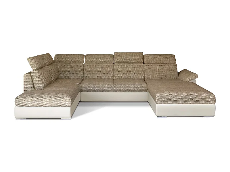 Canapé Convertible Panoramique LEVANO Tissu et Simili Cuir, Têtières-Beige clair/Beige chiné-Coffre à droite