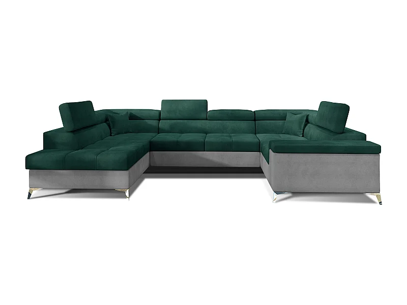 Canapé panoramique convertible TRIANO velours - têtières réglables-Gris clair/Vert-Coffre à gauche