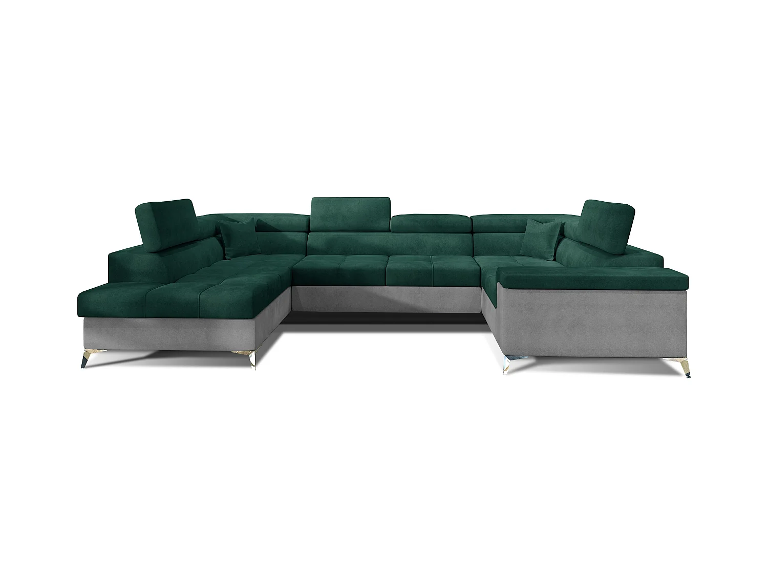 Canapé panoramique convertible TRIANO velours - têtières réglables-Gris clair/Vert-Coffre à gauche