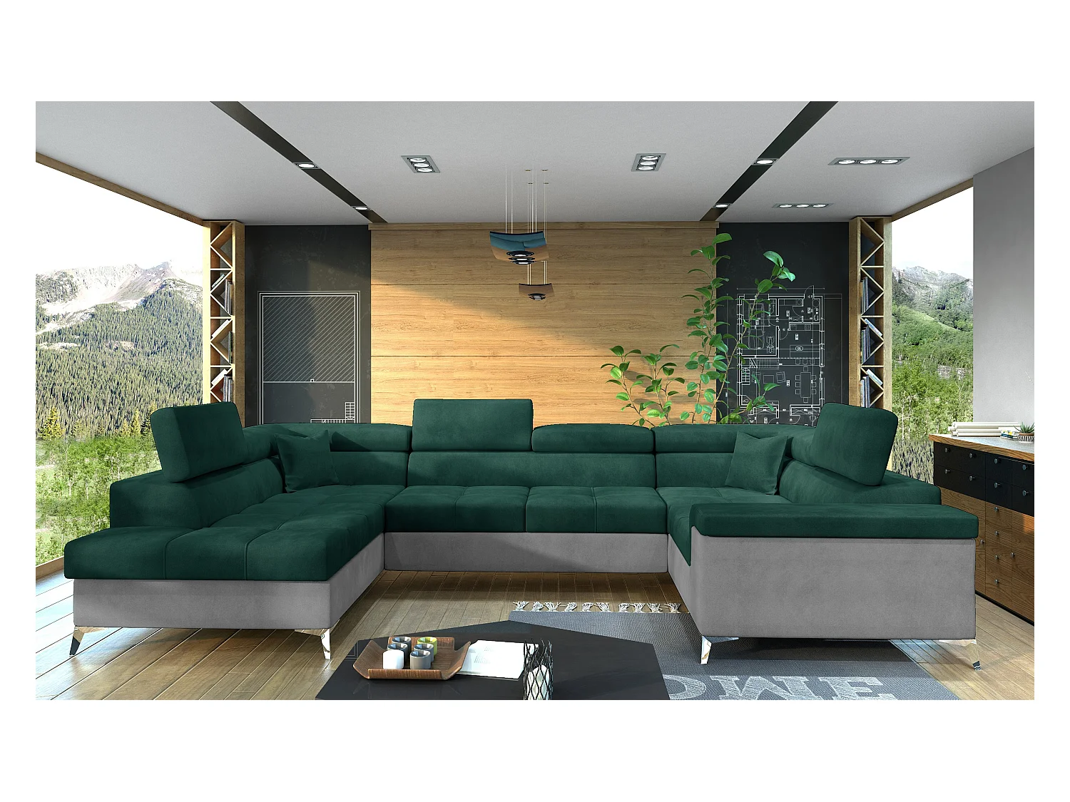 Canapé panoramique convertible TRIANO velours - têtières réglables-Gris clair/Vert-Coffre à gauche