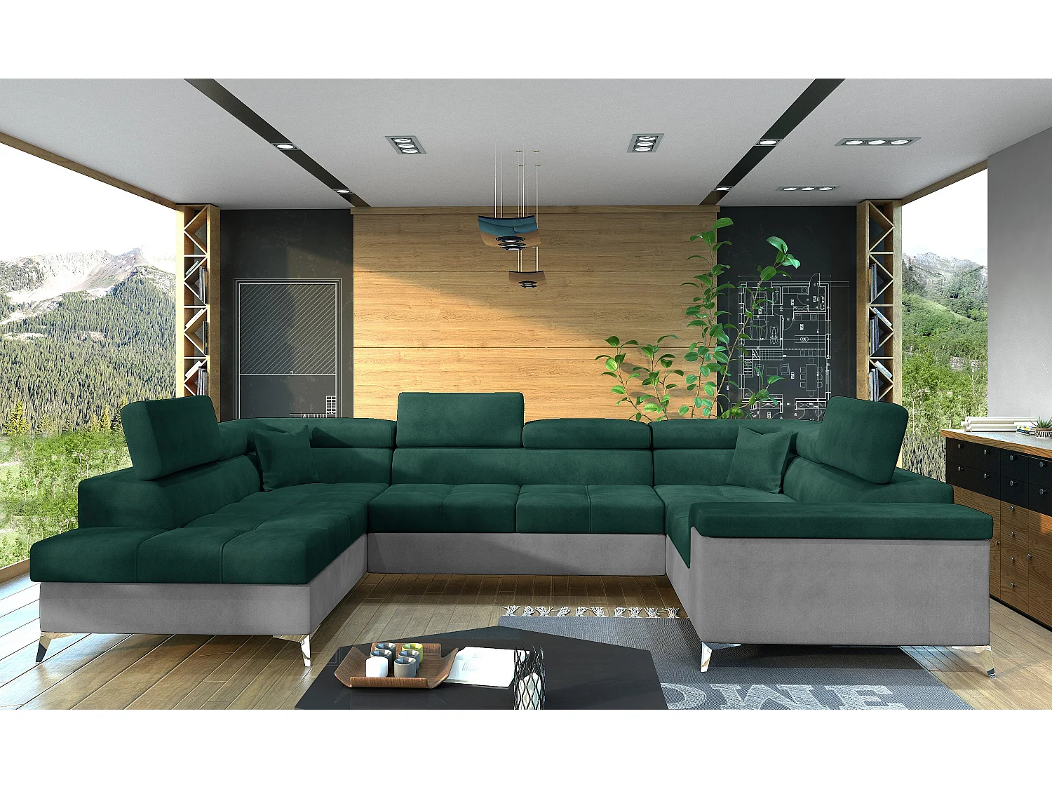 Canapé panoramique convertible TRIANO velours - têtières réglables-Gris clair/Vert-Coffre à gauche