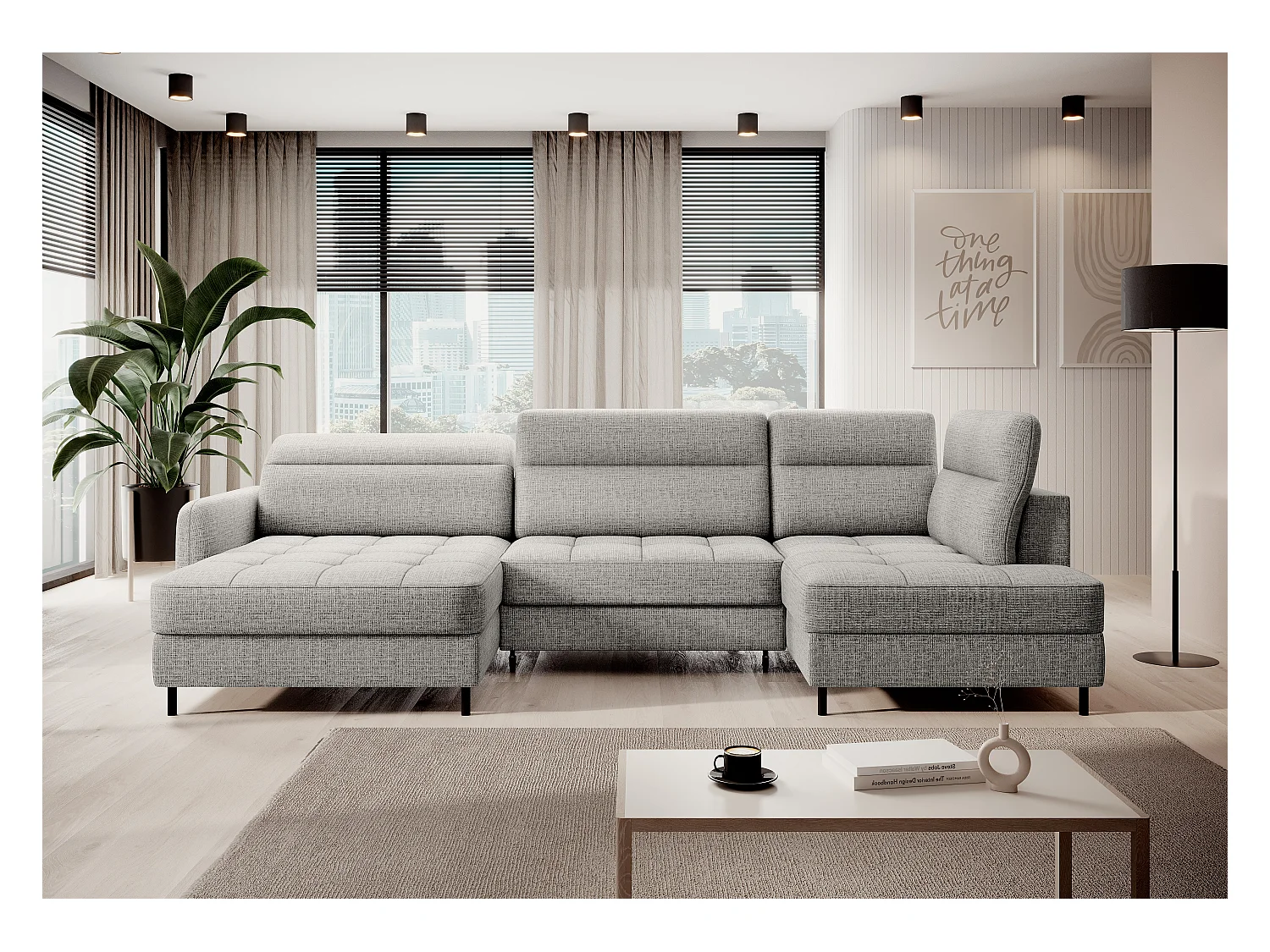 BENTO converteerbare panoramische stoffen bank met opbergvak-Kleur Lichtgrijs-linkerhoek