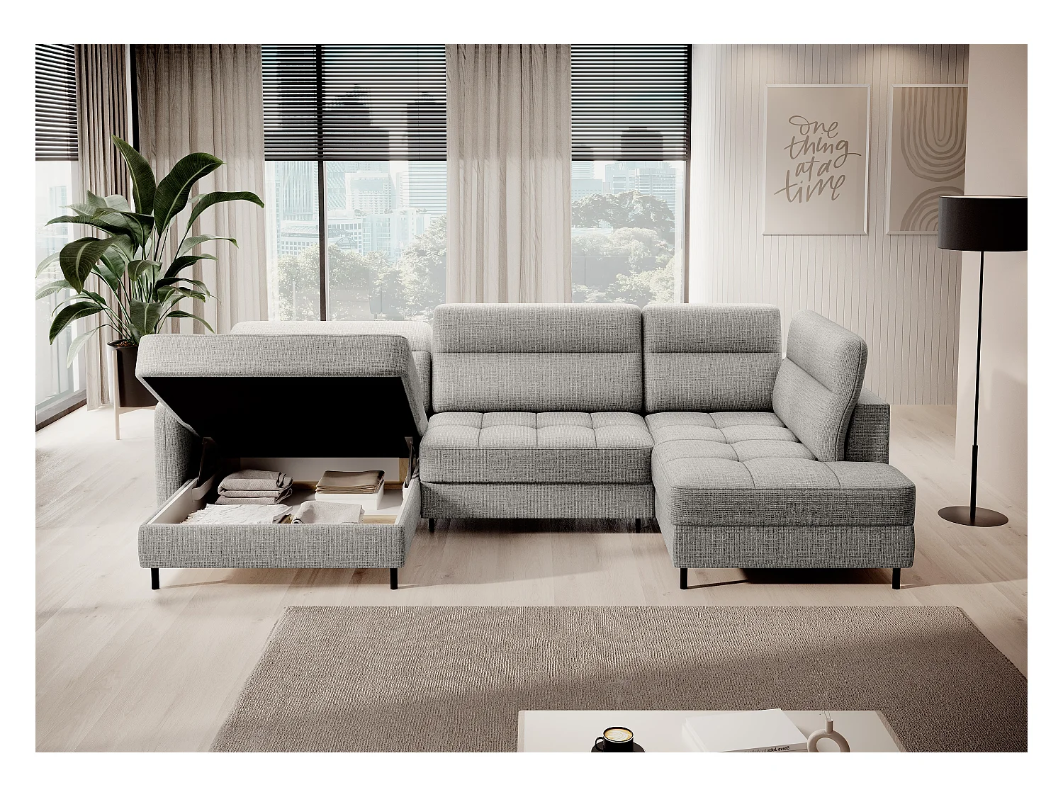 BENTO converteerbare panoramische stoffen bank met opbergvak-Kleur Lichtgrijs-linkerhoek